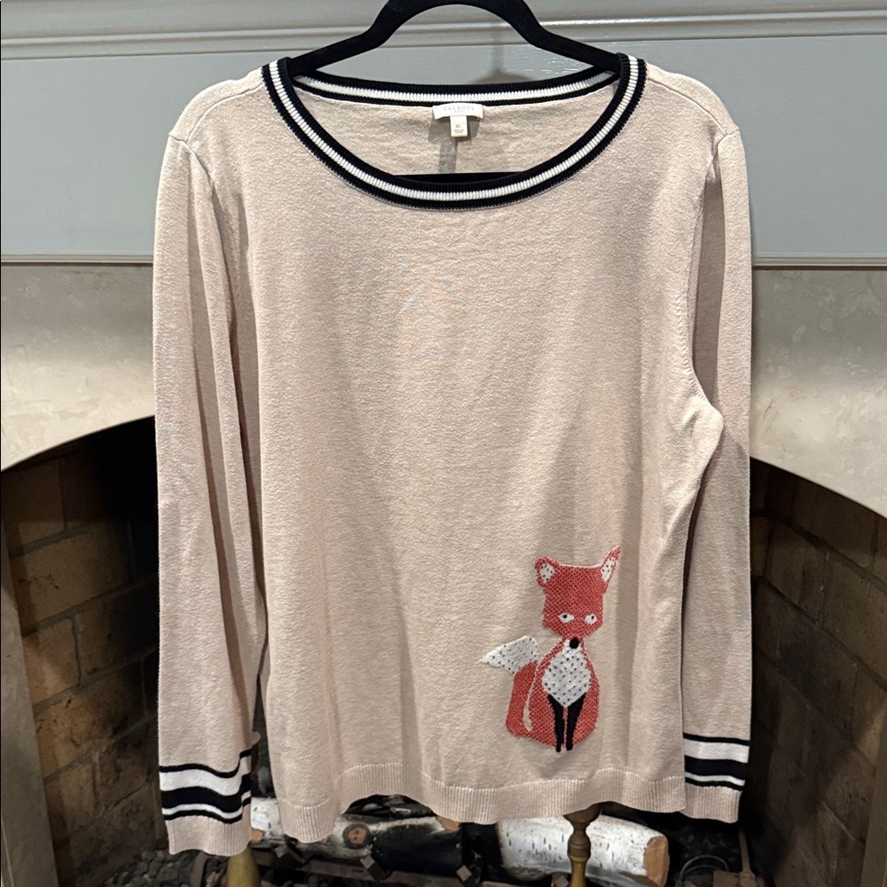 Talbots Cream Scoop Neck Sweater with Fox Motif
